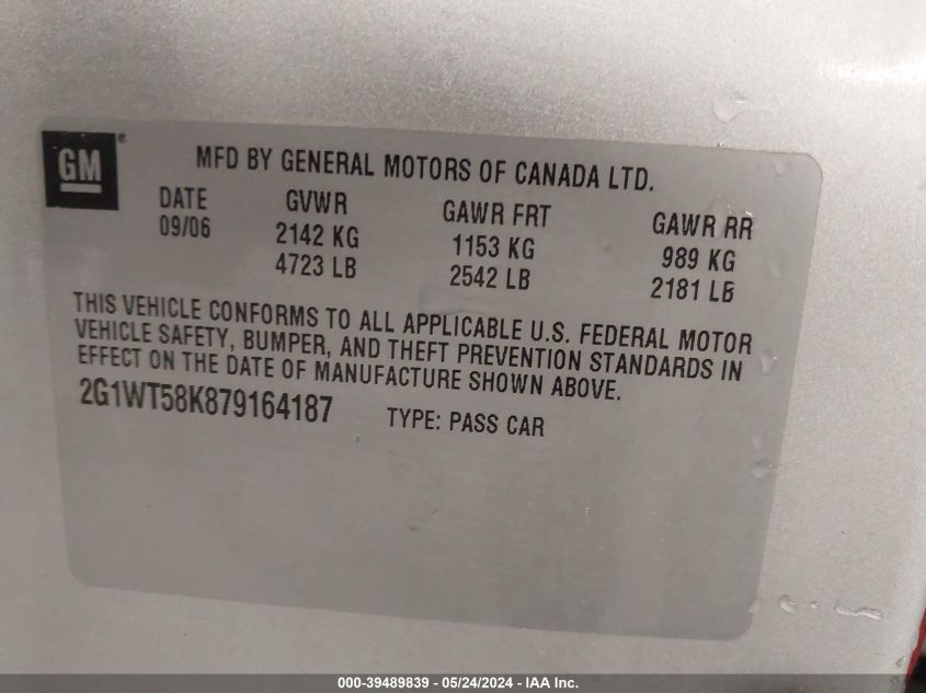 2007 Chevrolet Impala Lt VIN: 2G1WT58K879164187 Lot: 39489839
