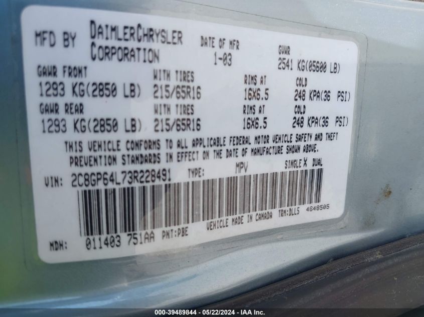 2003 Chrysler Town & Country Limited VIN: 2C8GP64L73R228491 Lot: 39489844