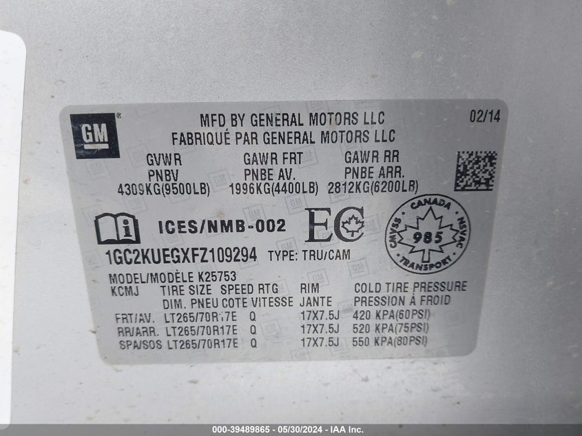2015 Chevrolet Silverado 2500Hd Wt VIN: 1GC2KUEGXFZ109294 Lot: 39489865