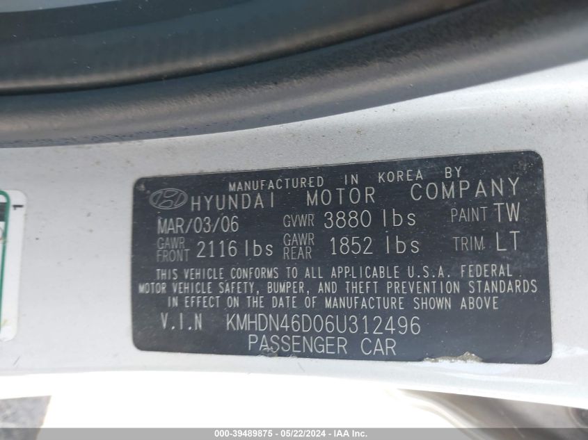 2006 Hyundai Elantra Gls/Limited VIN: KMHDN46D06U312496 Lot: 39489875