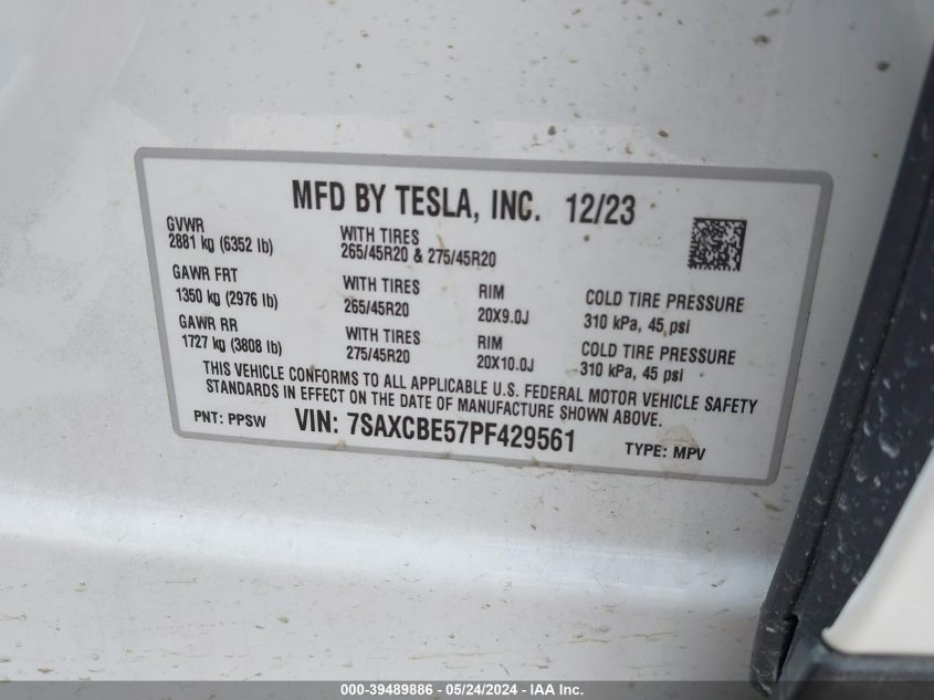 2023 Tesla Model X Dual Motor All-Wheel Drive/Standard Range VIN: 7SAXCBE57PF429561 Lot: 39489886