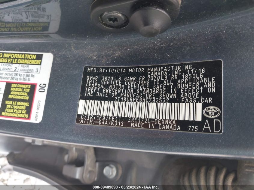 2017 Toyota Corolla Le VIN: 2T1BURHE8HC792532 Lot: 39489890