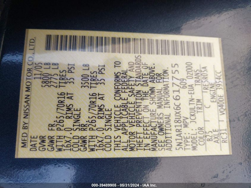 2006 Nissan Pathfinder Se VIN: 5N1AR18UX6C617755 Lot: 39489905