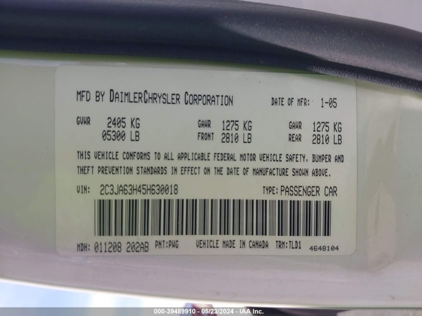 2005 Chrysler 300C VIN: 2C3JA63H45H630018 Lot: 39489910