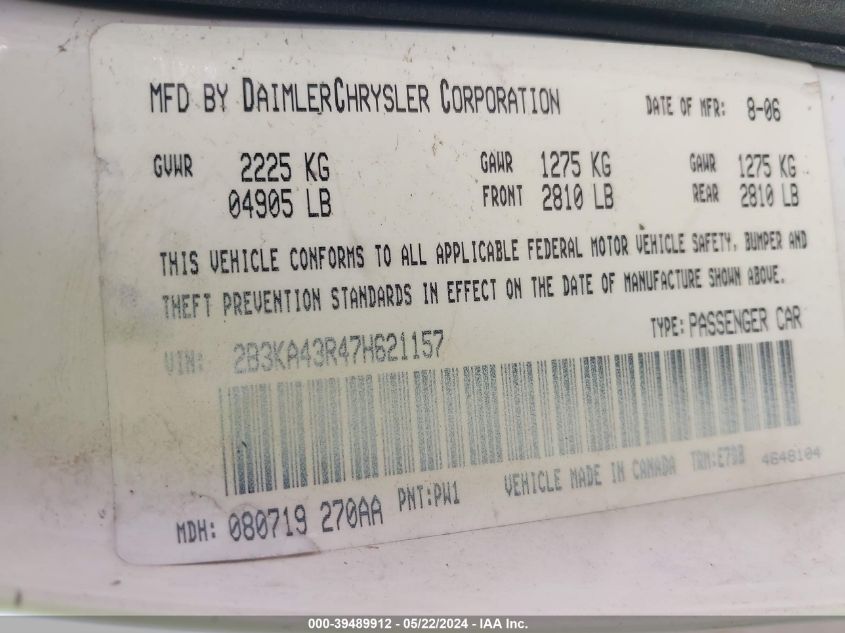 2007 Dodge Charger VIN: 2B3KA43R47H621157 Lot: 39489912