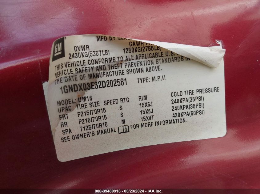 2002 Chevrolet Venture Ls VIN: 1GNDX03E32D202581 Lot: 39489915