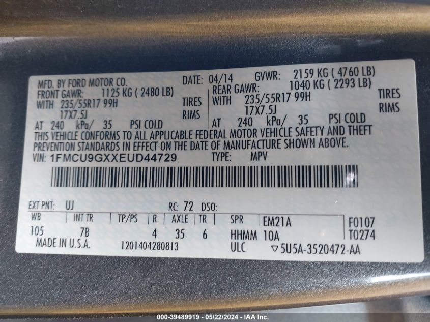 2014 Ford Escape Se VIN: 1FMCU9GXXEUD44729 Lot: 39489919