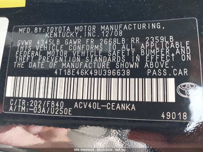 2009 Toyota Camry Le VIN: 4T1BE46K49U396638 Lot: 39489929