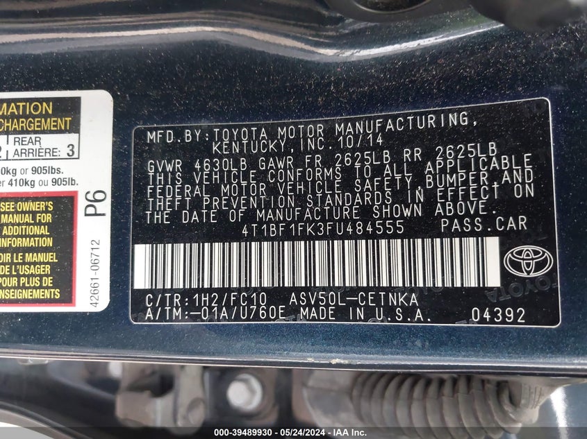 2015 Toyota Camry Le VIN: 4T1BF1FK3FU484555 Lot: 39489930