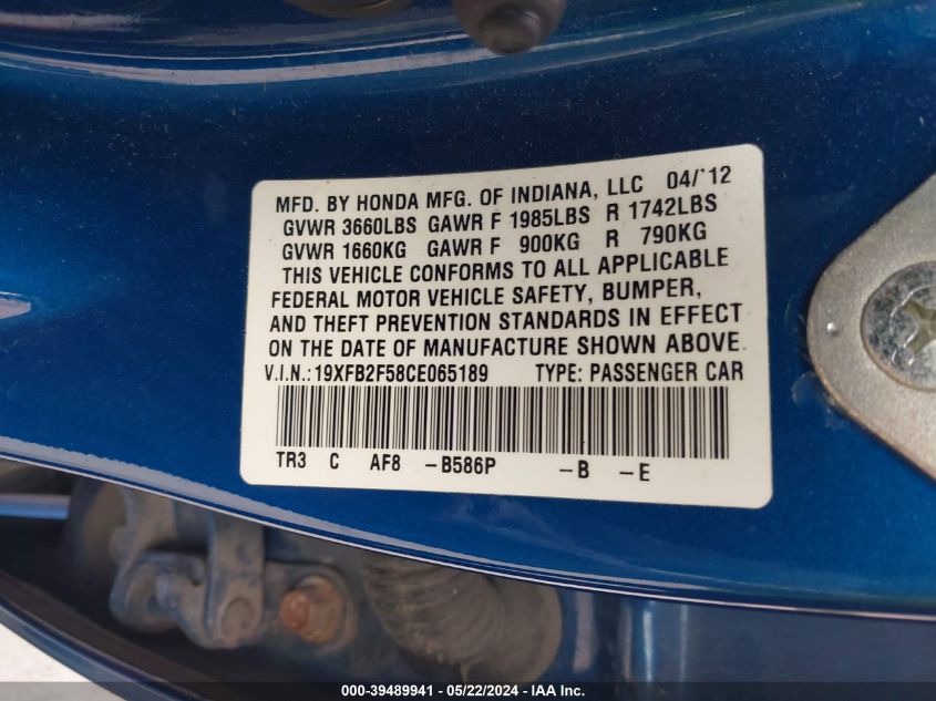 2012 Honda Civic Lx VIN: 19XFB2F58CE065189 Lot: 39489941