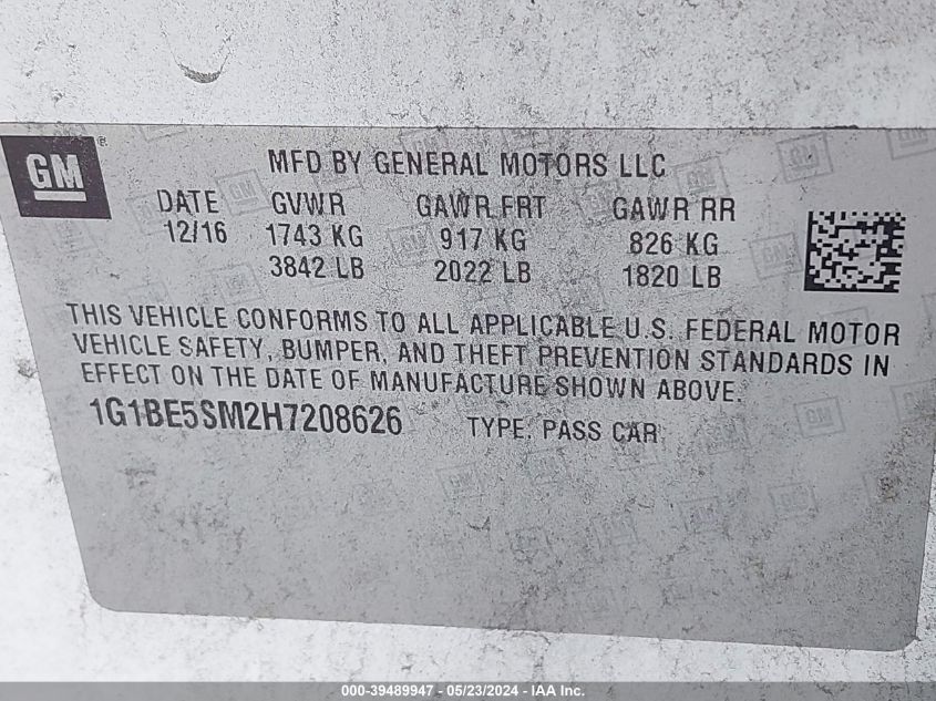2017 Chevrolet Cruze Lt Auto VIN: 1G1BE5SM2H7208626 Lot: 39489947