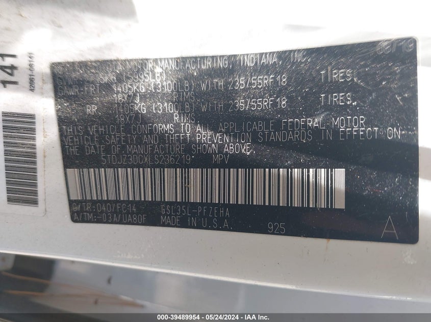 2020 Toyota Sienna Le VIN: 5TDJZ3DCXLS236219 Lot: 39489954