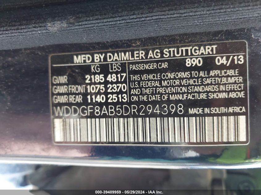 2013 Mercedes-Benz C 300 Luxury 4Matic/Sport 4Matic VIN: WDDGF8AB5DR294398 Lot: 39489959