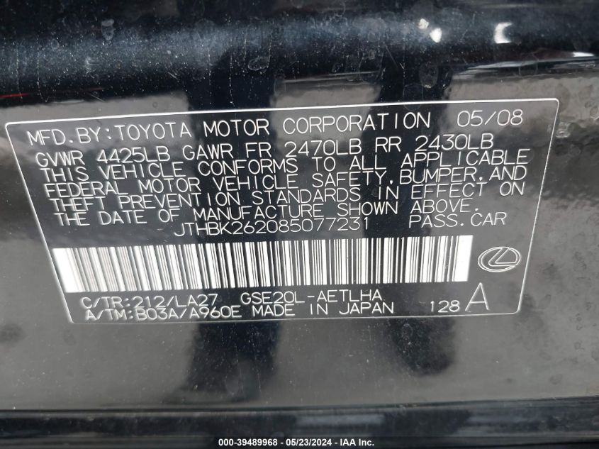 2008 Lexus Is 250 VIN: JTHBK262085077231 Lot: 39489968