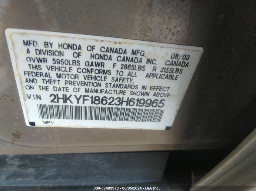 2003 Honda Pilot Exl VIN: 2HKYF18623H619965 Lot: 39489970