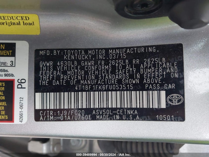 2015 Toyota Camry Le VIN: 4T1BF1FK6FU053515 Lot: 39489994