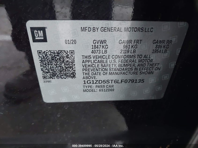 2020 Chevrolet Malibu Fwd Lt VIN: 1G1ZD5ST6LF079135 Lot: 39489995