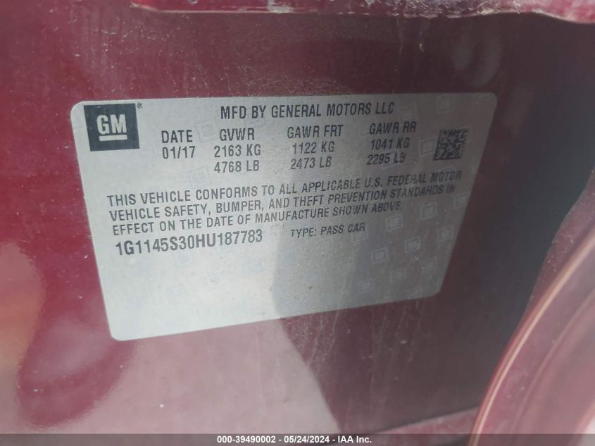 2017 Chevrolet Impala 2Lz VIN: 1G1145S30HU187783 Lot: 39490002