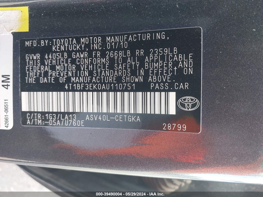 2010 Toyota Camry Xle VIN: 4T1BF3EK0AU110751 Lot: 39490004