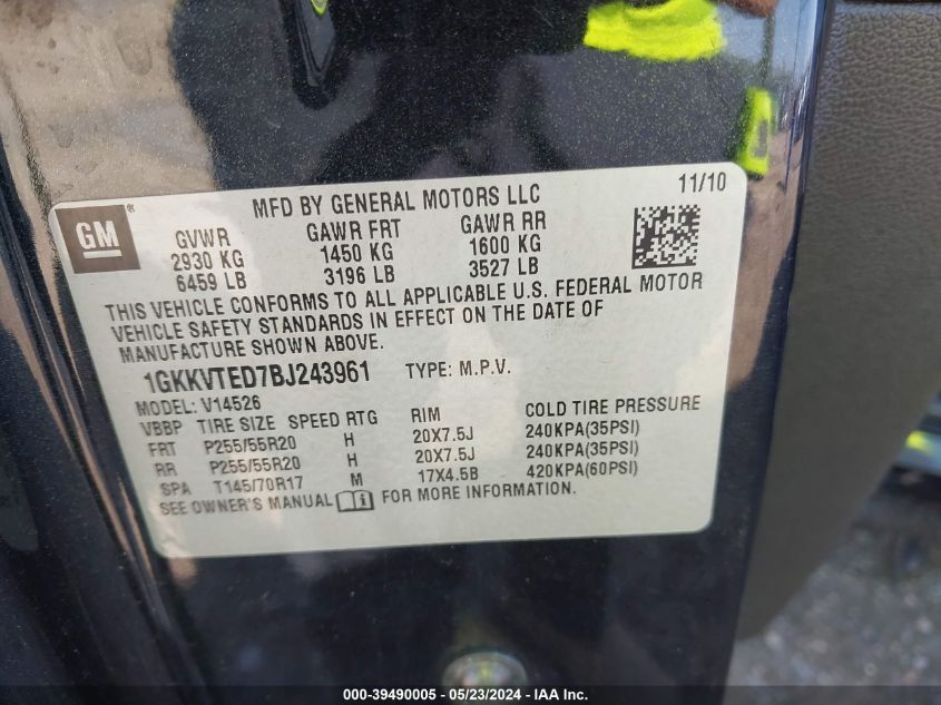 2011 GMC Acadia Denali VIN: 1GKKVTED7BJ243961 Lot: 39490005