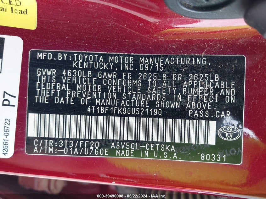 2016 Toyota Camry Se VIN: 4T1BF1FK9GU521190 Lot: 39490008