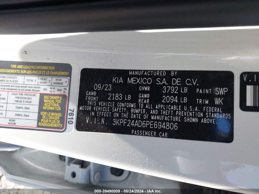 2023 Kia Forte Lxs VIN: 3KPF24AD6PE694806 Lot: 39490009