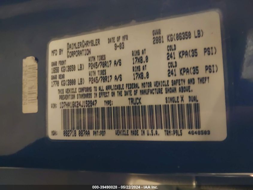 2004 Dodge Ram 1500 St VIN: 1D7HA16K24J152947 Lot: 39490028