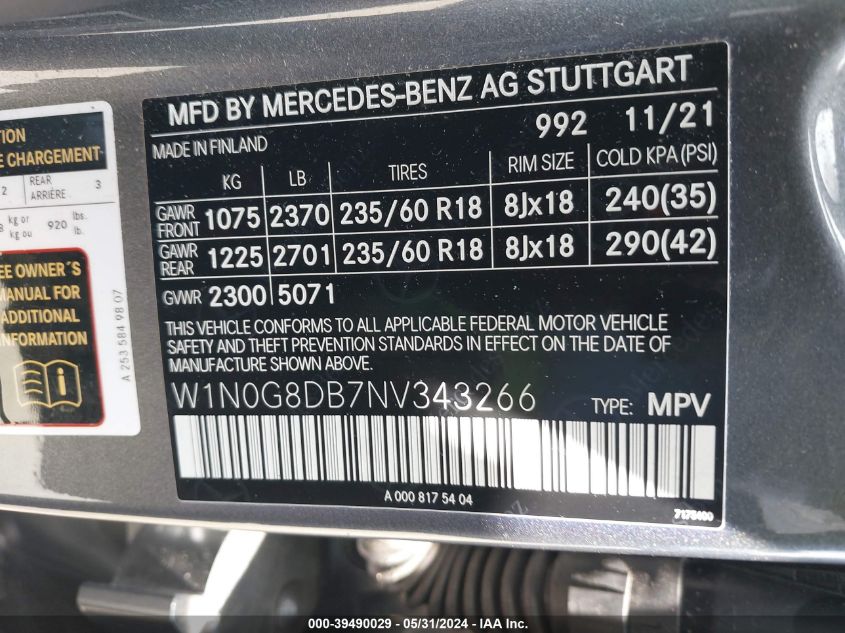 2022 Mercedes-Benz Glc 300 Suv VIN: W1N0G8DB7NV343266 Lot: 39490029