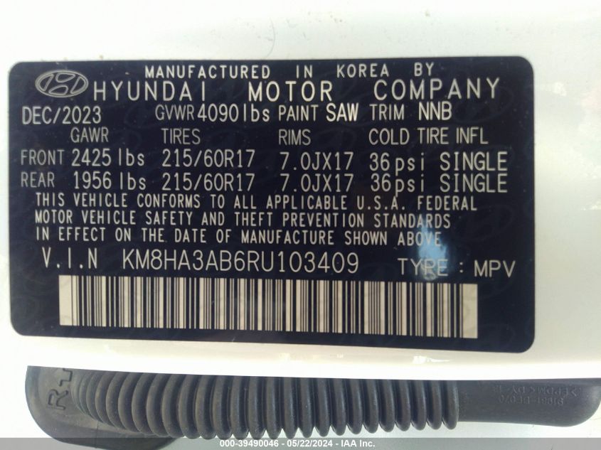 2024 Hyundai Kona Se VIN: KM8HA3AB6RU103409 Lot: 39490046