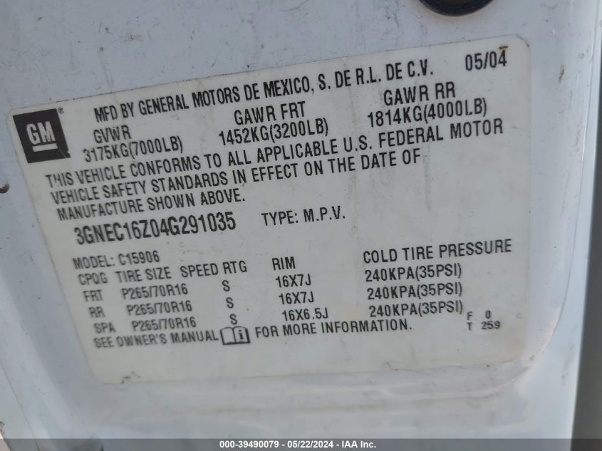 2004 Chevrolet Suburban 1500 Ls VIN: 3GNEC16Z04G291035 Lot: 39490079
