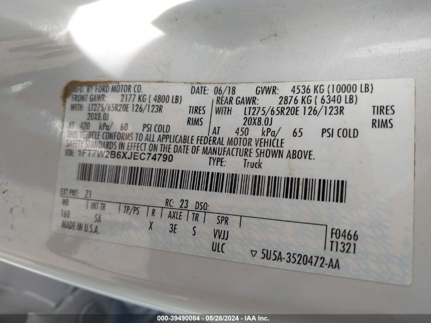 2018 Ford F-250 Lariat VIN: 1FT7W2B6XJEC74790 Lot: 39490084