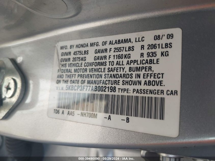 2010 Honda Accord 3.5 Ex VIN: 5KBCP3F77AB002198 Lot: 39490090