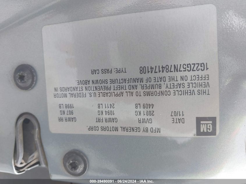 2008 Pontiac G6 VIN: 1G2ZG57N784174108 Lot: 39490091