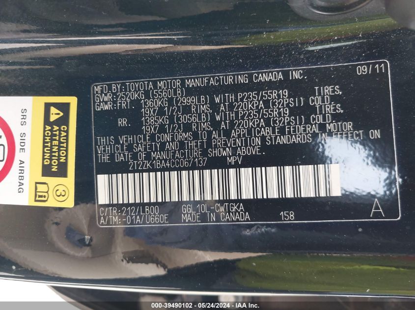 2012 Lexus Rx 350 VIN: 2T2ZK1BA4CC067137 Lot: 39490102