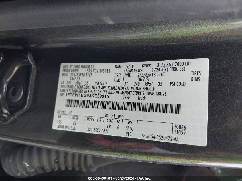 2018 Ford F-150 Xlt VIN: 1FTEW1EG9JKE39915 Lot: 39490103