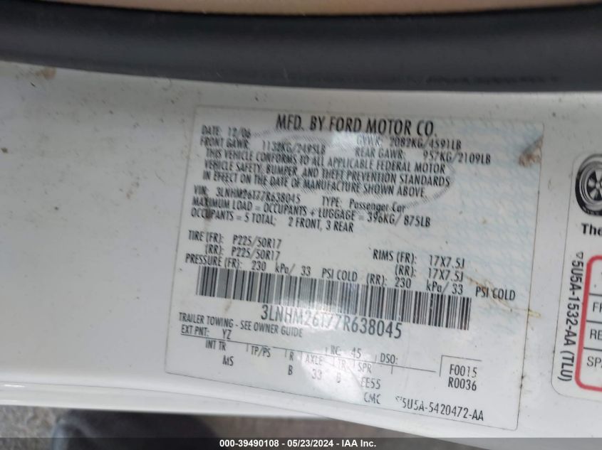 2007 Lincoln Mkz VIN: 3LNHM26T77R638045 Lot: 39490108