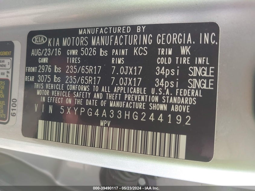 2017 Kia Sorento 2.4L Lx VIN: 5XYPG4A33HG244192 Lot: 39490117