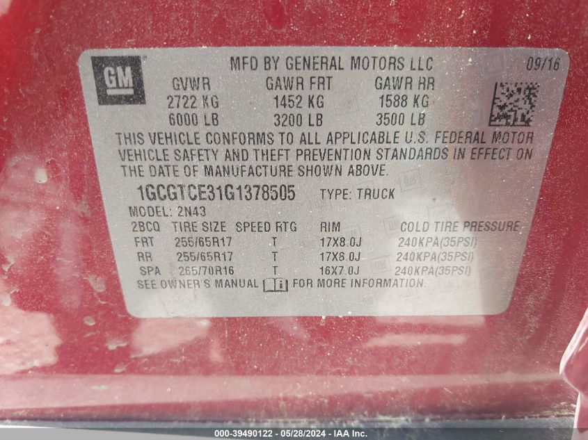 2016 Chevrolet Colorado Lt VIN: 1GCGTCE31G1378505 Lot: 39490122