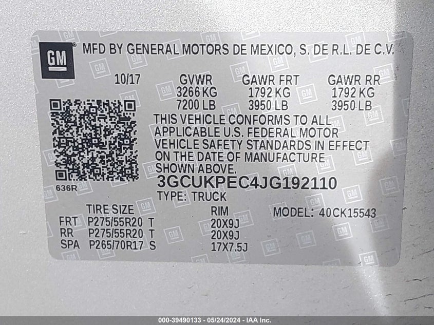 2018 Chevrolet Silverado 1500 Custom VIN: 3GCUKPEC4JG192110 Lot: 39490133