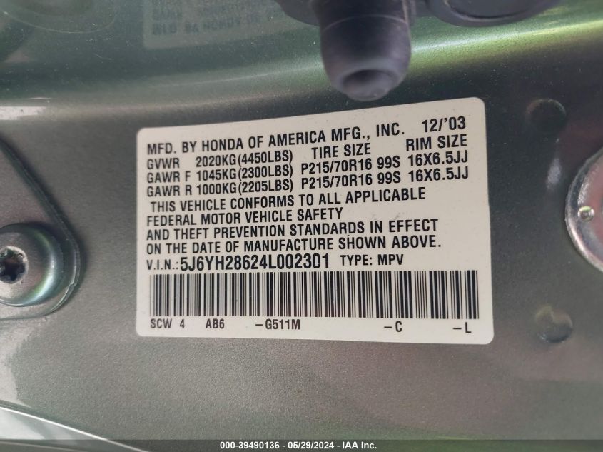 2004 Honda Element Ex VIN: 5J6YH28624L002301 Lot: 39490136
