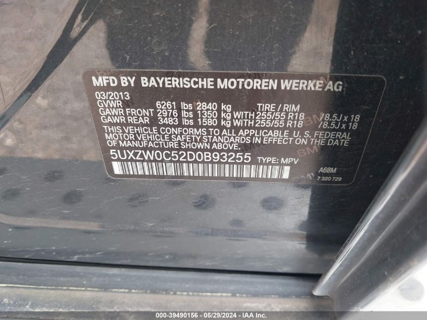 2013 BMW X5 xDrive35D VIN: 5UXZW0C52D0B93255 Lot: 39490156