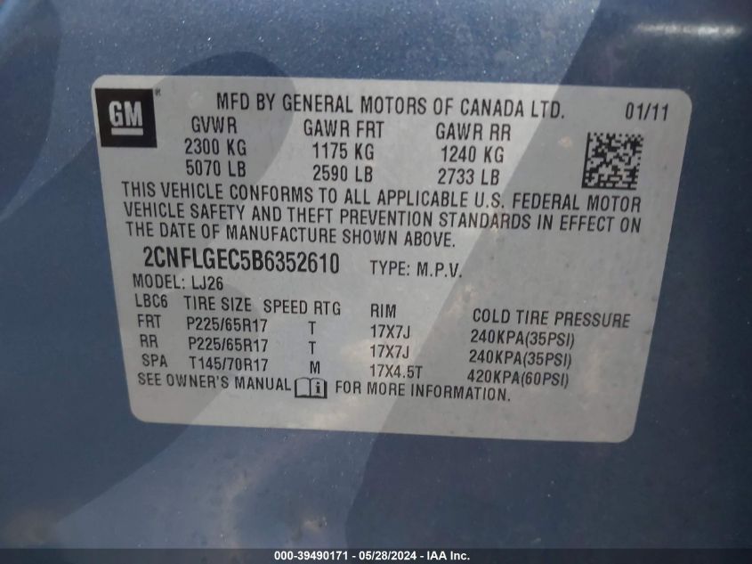 2011 Chevrolet Equinox Ltz VIN: 2CNFLGEC5B6352610 Lot: 39490171