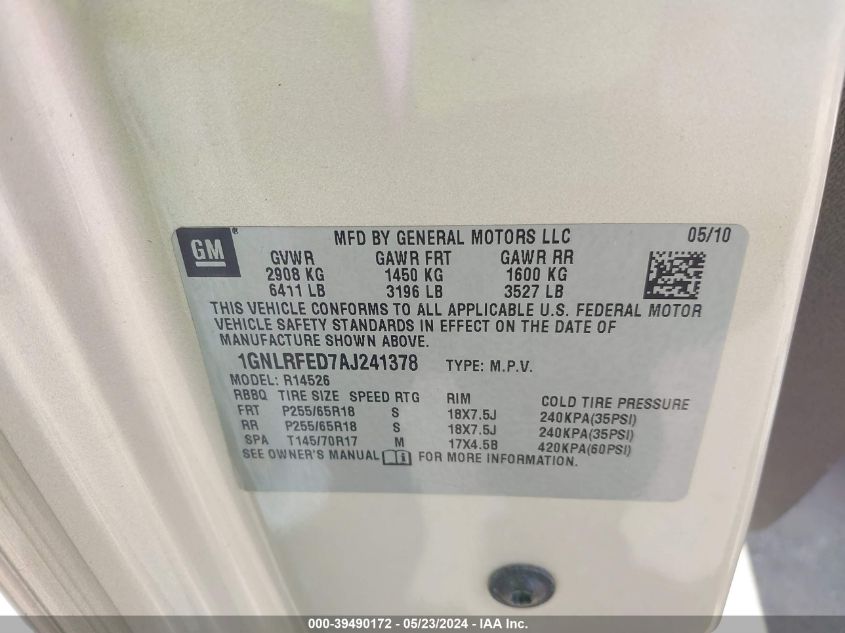 2010 Chevrolet Traverse Lt VIN: 1GNLRFED7AJ241378 Lot: 39490172