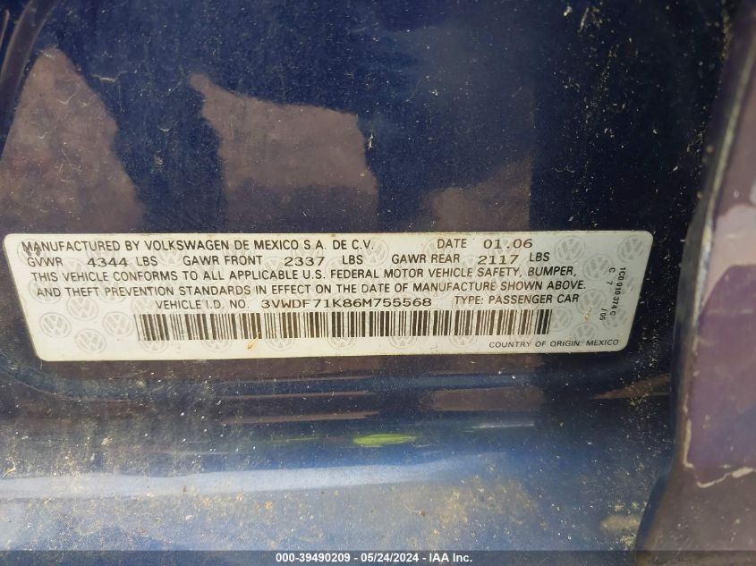 2006 Volkswagen Jetta 2.5 VIN: 3VWDF71K86M755568 Lot: 39490209