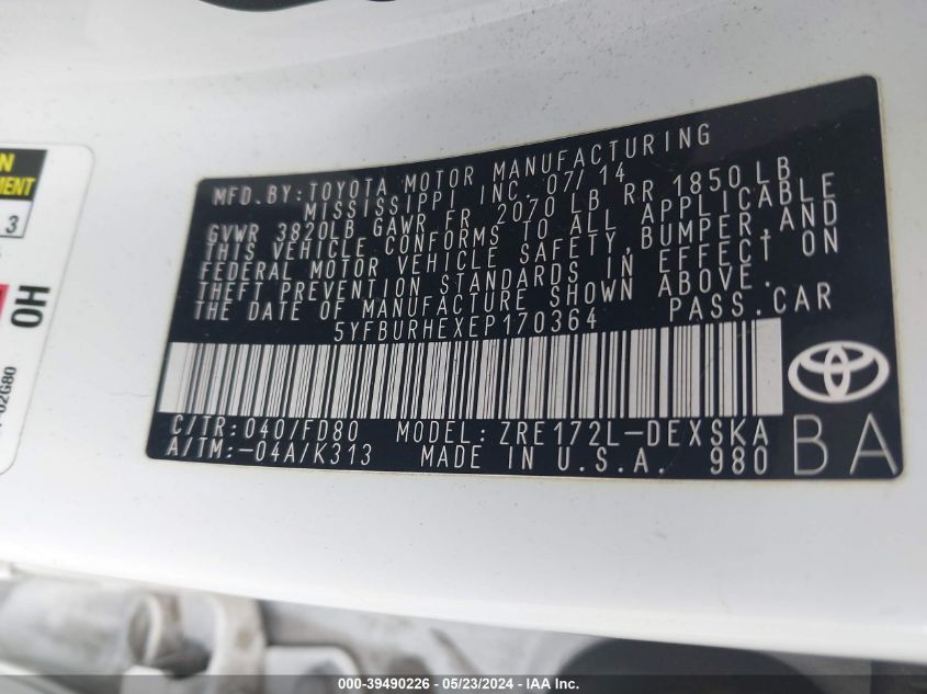 2014 Toyota Corolla S Plus VIN: 5YFBURHEXEP170364 Lot: 39490226