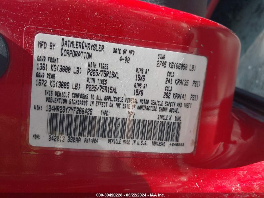 2000 Dodge Durango VIN: 1B4HR28Y7YF266426 Lot: 39490228