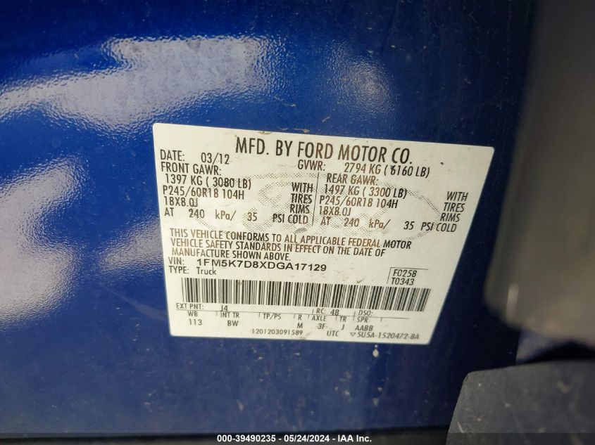 2013 Ford Explorer Xlt VIN: 1FM5K7D8XDGA17129 Lot: 39490235