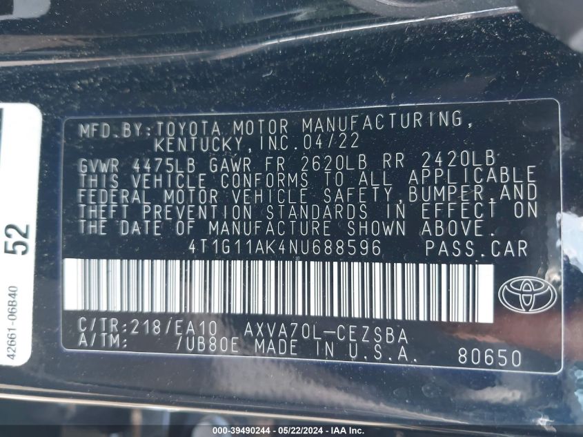 2022 Toyota Camry Se VIN: 4T1G11AK4NU688596 Lot: 39490244