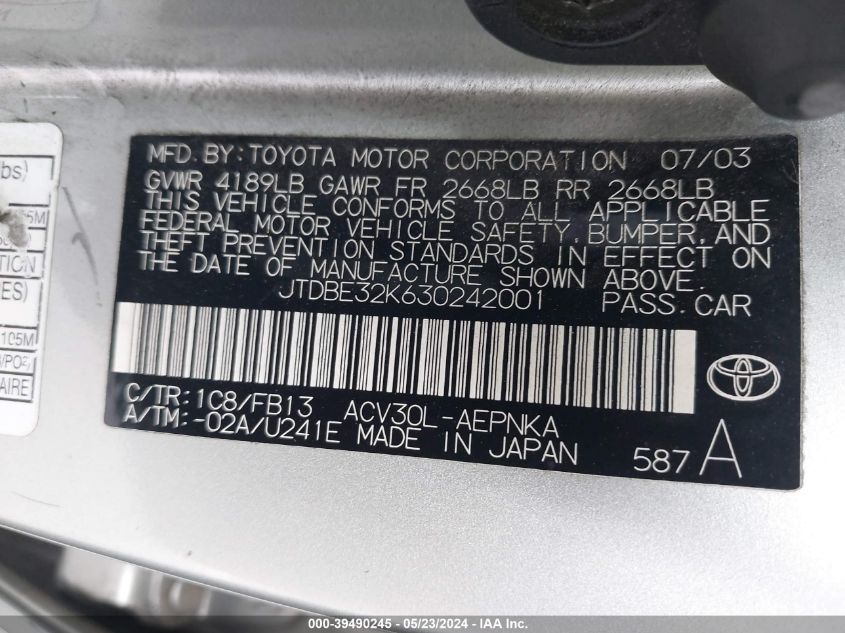 2003 Toyota Camry Le VIN: JTDBE32K630242001 Lot: 39490245