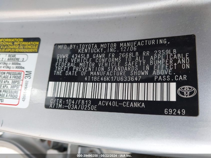 2007 Toyota Camry Le VIN: 4T1BE46K17U633647 Lot: 39490258